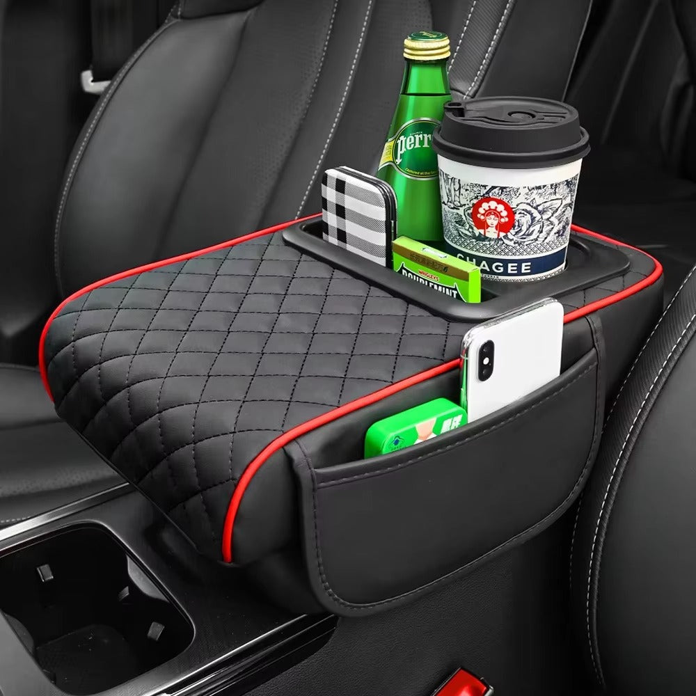 4 in 1 Premium Leatherette Armrest Console Pad with Dual Cupholders (black & red)