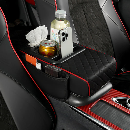 5-in-1 Car Center Console Cover, Multifunctional Arm Rest Cover For Car With Cup Holder, Phone Holder, Pocket, Car serviette Holder, Leather Height Enhancement Car Armrest Cushion