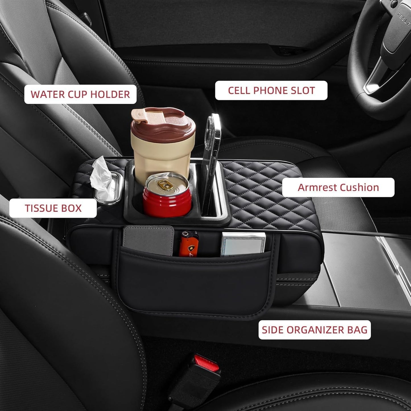5-in-1 Car Center Console Cover, Multifunctional Arm Rest Cover For Car With Cup Holder, Phone Holder, Pocket, Car serviette Holder, Leather Height Enhancement Car Armrest Cushion