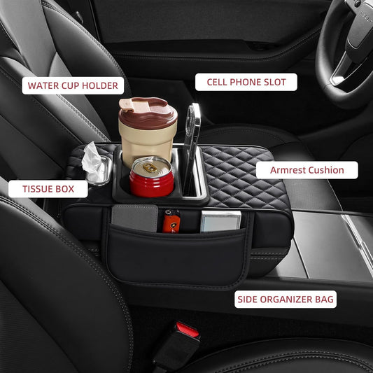 5-in-1 Car Center Console Cover, Multifunctional Arm Rest Cover For Car With Cup Holder, Phone Holder, Pocket, Car serviette Holder, Leather Height Enhancement Car Armrest Cushion