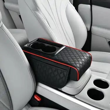 4 in 1 Premium Leatherette Armrest Console Pad with Dual Cupholders (black&red)