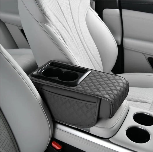 4 in 1 Premium Leatherette Armrest Console Pad with Dual Cupholders (Grey)