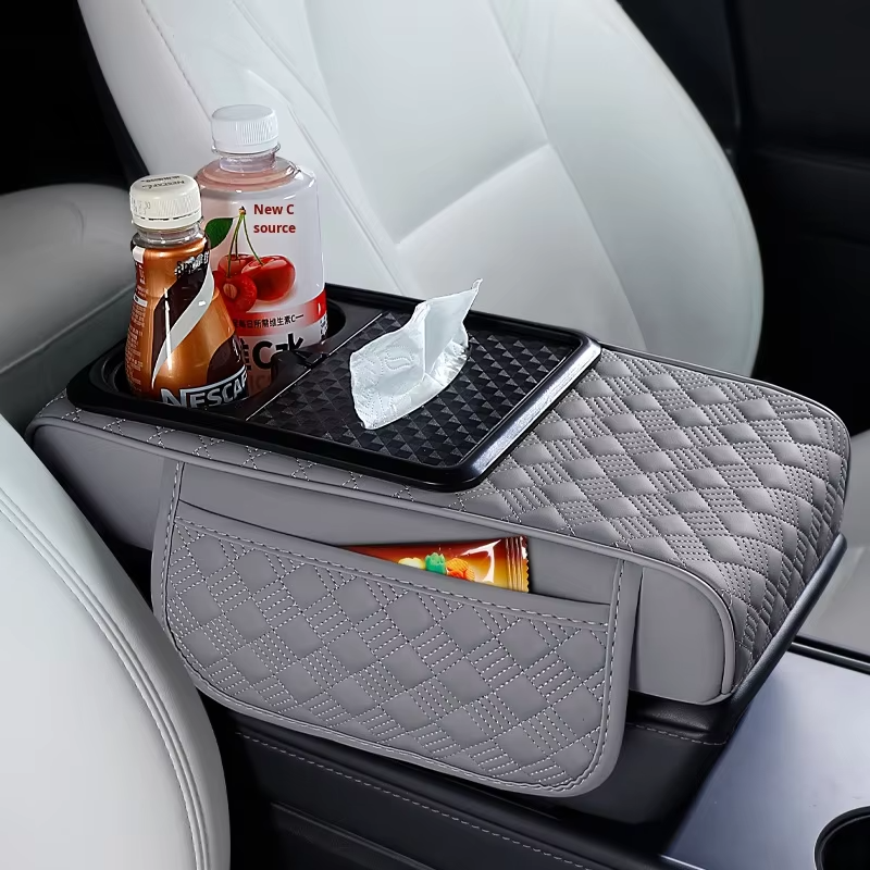 4-in-1 Car Center Console Cover, Multifunctional Arm Rest Cover For Car With Cup Holder, Phone Holder, Pocket, Car serviette Holder, Leather Height Enhancement Car Armrest Cushion